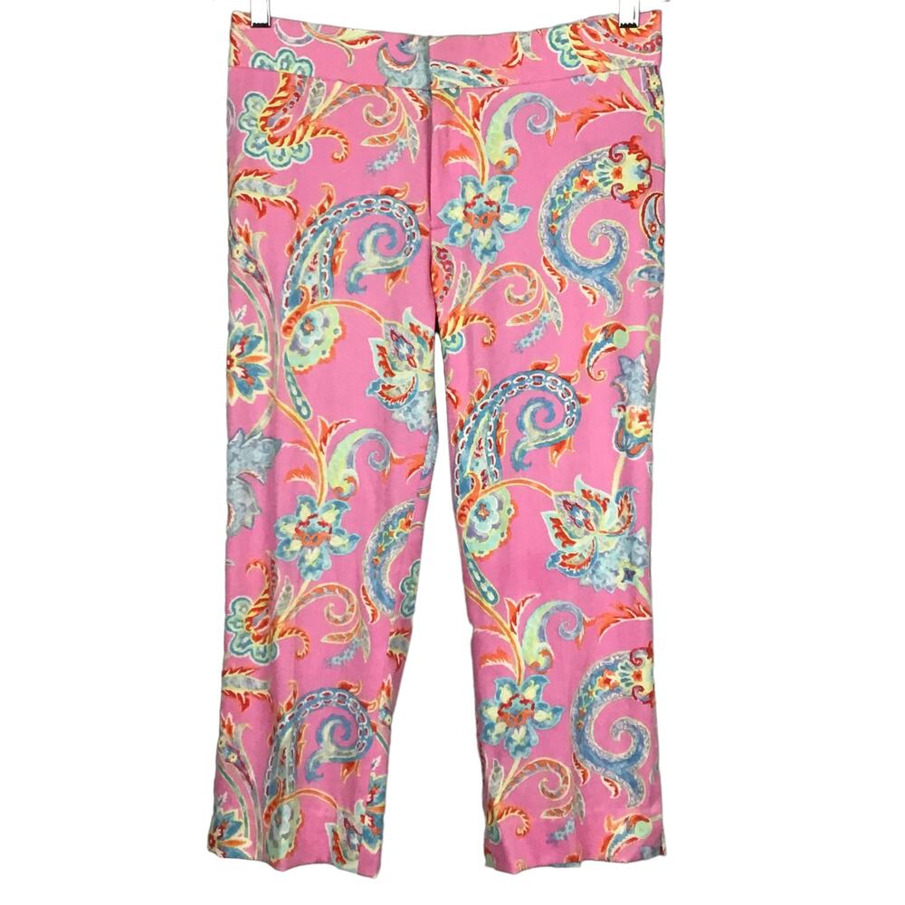 Ralph Lauren Black Label Pink Paisley Print Crop Ankle Slim Straight Pant sz 8